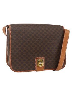 Authentic CELINE Macadam Canvas Shoulder Bag PVC Leather Brown Gold